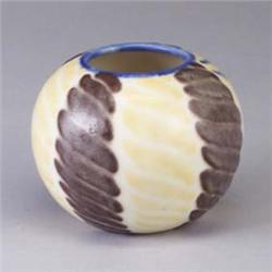 ROOKWOOD Wax Matte spherical vase by Elizabeth Barrett, 1944, with chevron lines in yellow and purpl