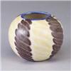 Image 1 : ROOKWOOD Wax Matte spherical vase by Elizabeth Barrett, 1944, with chevron lines in yellow and purpl