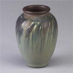 ROOKWOOD bulbous vase by Elizabeth Lincoln, 1926, painted with pine cones. Flame mark/artist's initi