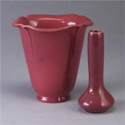 Two ROOKWOOD Production pieces with glossy rose glaze; a vase, 1947 with flaring rim and a bud vase,