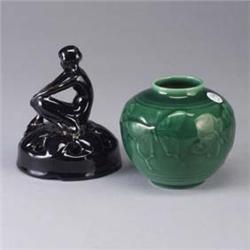 Two ROOKWOOD Production pieces; a flower frog, 1922, with glossy black glaze (reglued), and a vase,