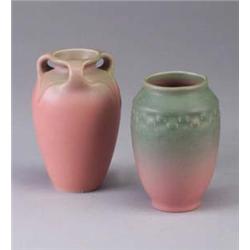 Two ROOKWOOD Production pieces a three-handled vase, 1926, and vase, 1924, both with shaded pink and
