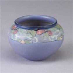 ROOKWOOD Vellum squat vase by Fredrick Rothenbush, 1923, decorated with a band of flowers. X-ed for