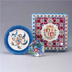 Three LONGWY pieces including a small dish; a plate with reticulated rim, and a trivet ( 1" firing l