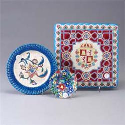 Three LONGWY pieces including a small dish; a plate with reticulated rim, and a trivet ( 1  firing l