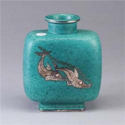 GUSTAVSBERG Argenta pillow vase with stylized swordfish and bubbles on ultramarine ground. Some enam