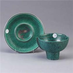 Two GUSTAVSBERG Argenta pieces; an ashtray with stylized swordfish, and a footed vase with linear de