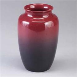 NORTH DAKOTA SCHOOL OF MINES vase with shaded raspberry to black glaze. A few shallow scratches. Sta