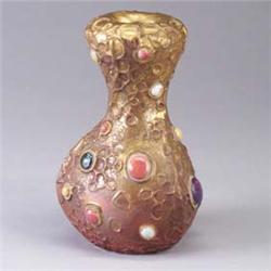 AMPHORA gourd-shaped vase in gold inset with jewels. Some losses to enamel. Stamped mark. 9" x 4" Es