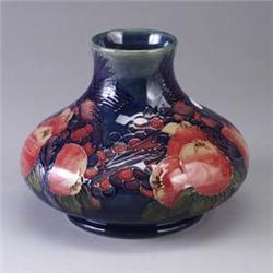 MOORCROFT squat vase with Finches and fruit. Stamped mark. 8" Est.  450 - 650
