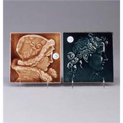 Two tiles; a KENSINGTON tile embossed with profile of a woman under a teal glossy glaze (four edge c