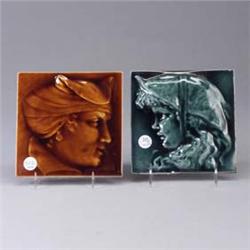 Two tiles; an AETCO tile, "Mrs. Ford" embossed with the profile of a woman under a brown glossy glaz