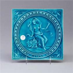 MINTON tile, "AESTAS" with goddess figure within a circular classical band and with vestal urns at c