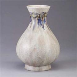 CRANSTON POTTERY (England) bulbous vase decorated in squeezebag with a band of stylized blue and och