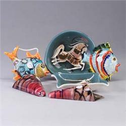 Six pieces: two SASCHA BRASTOFF ashtrays with prancing horses, a pair of conical CORONET (Czech) wal