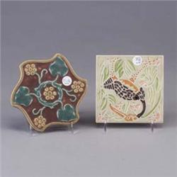 Two ROOKWOOD Production trivets; one floriform, 1919, with embossed motif (three tight lines through