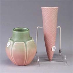 Two ROOKWOOD Production pieces; a conical wallpocket, 1928, in matte pine glaze, and a bulbous vase,