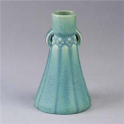 ROOKWOOD Production bud vase, 1910, with embossed geometric band covered in a blue-green matte glaze