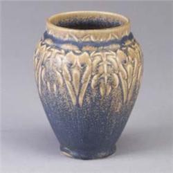 ROOKWOOD Production bulbous vase, 1927, embossed with stylized leaf design near rim. Flame mark/2207