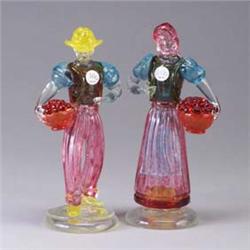 Two Italian glass figures, both carrying baskets of fruit. Woman in as-is condition (several breaks)