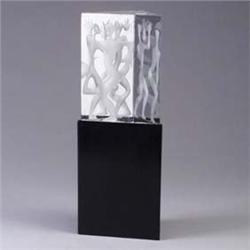 LINSTRAND FOR KOSTA triangular glass sculpture with figures on a large wooden base. Etched mark. 14