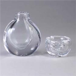 Two KOSTA glass pieces; a small vessel with swirled design, and a thick bulbous vase (possibly bottl