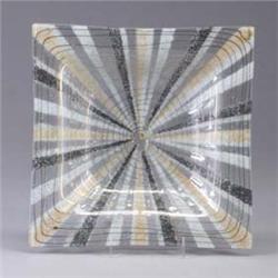 HIGGINS striped glass bowl in beige, white, and gray, with gold striped accents. Marked. 9 1/2" diam