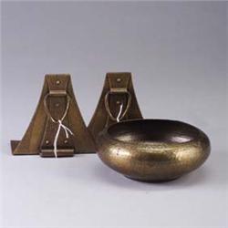 Three ROYCROFT brass-washed hammered copper pieces: a low bowl with scroll and dot pattern around ri