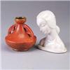 Image 1 : Two pieces of MOUNTAINSIDE POTTERY; a woman's bust covered in a glossy white glaze, and an orange sq