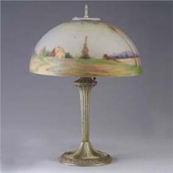Arts & Crafts table lamp with hammered glass dome shade, reverse-painted with a country landscape, o