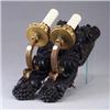 Image 1 : Pair of Gothic candle sconces, the back plate carved with scrolls and figures, with brass-washed bra