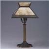 Image 1 : Arts & Crafts brass table lamp with flaring shade with Greek key pattern and caramel slag glass, on