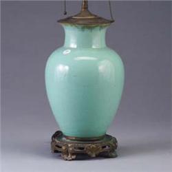FULPER vase drilled for a lamp base, with fittings, covered in a green crystalline glaze. Pottery: 1