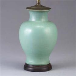 FULPER vase drilled for a lamp base, covered in a pale green crystalline glaze. Includes fittings, n