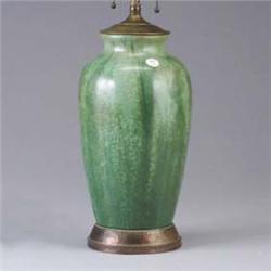 FULPER vase drilled for a lamp, covered in a Cucumber green crystalline glaze. Includes fittings. Po