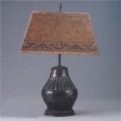 Lamp with hammered metal base and a four-sided shade, all on a wooden stand. Unmarked. 22" Est.  50