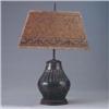 Image 1 : Lamp with hammered metal base and a four-sided shade, all on a wooden stand. Unmarked. 22" Est.  50