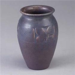 ROOKWOOD Production vase, 1914, with band of stylized flowers and swirls. Opposing cracks to rim, gr