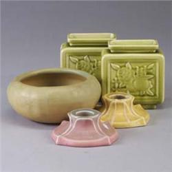 Five ROOKWOOD Production pieces; a pair of green pillow vases embossed with roses (1951), a yellow b