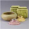 Image 1 : Five ROOKWOOD Production pieces; a pair of green pillow vases embossed with roses (1951), a yellow b