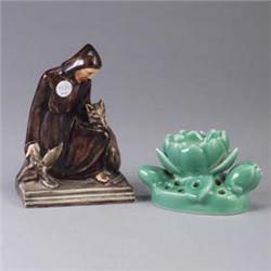 Two ROOKWOOD Production pieces; a bookend with monk and wildlife, 1945, in as-is condition (several