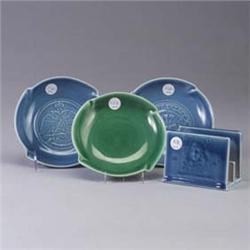 Four ROOKWOOD pieces; a glossy blue commemorative letter holder, 1956, two glossy blue commemorative