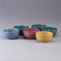 Six S.E.G. undecorated bowls; three teal (one with line to rim, another with bruise), one yellow (br