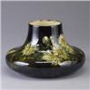 Image 1 : CROWN POINT WARE squat vessel painted with yellow flowers on a mottled brown ground. Tight line to r