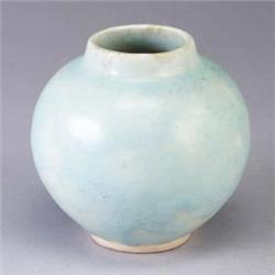 VOLKMAR spherical vase covered in a frothy sky blue glaze. Firing line to base. Etched mark/dated. 5