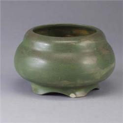 VOLKMAR gourd-shaped vessel covered in a mottled olive glaze. Chips to two feet and line to rim. Imp