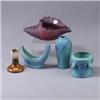 Image 1 : Five VAN BRIGGLE pieces; a boat-shaped vessel (dark crazing lines), a bud vase, and a four-handled v