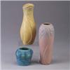Image 1 : Three VAN BRIGGLE pieces; a tall pink vase, a yellow bulbous vase, and a small turquoise shouldered