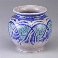 ROYAL LANCASTRIAN bulbous vase with stylized design in blue and green, all over a mottled gray groun