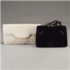Image 1 : Two JUDITH LEIBER purses: a black suede purse with brushed-brass snap-clasp, open side pockets and d